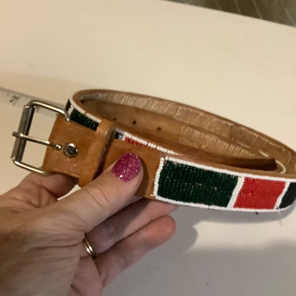 Vtg African Leather Belt‎ Hand Beaded Men & Women 32-38” Waist